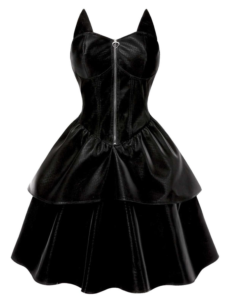 Black 1950s Halloween Catwoman Leather Dress - vintage dress, retro fashion, rockabilly