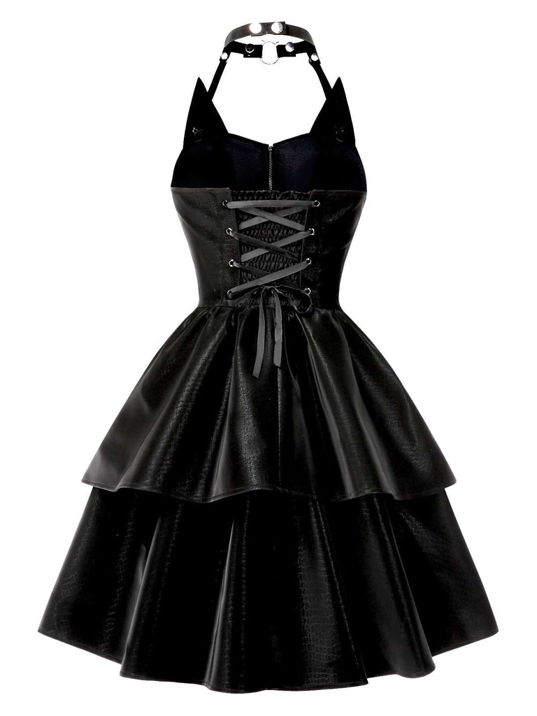 Black 1950s Halloween Catwoman Leather Dress - vintage dress, retro fashion, rockabilly