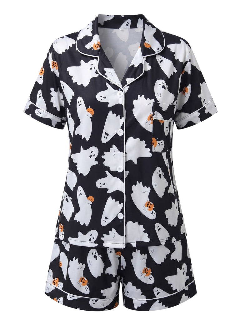 Black 1950s Halloween Ghost Print Shirt Shorts Pajamas, vintage fashion, retro style, rockabilly, pin-up fashion - vintage inspired fashion
