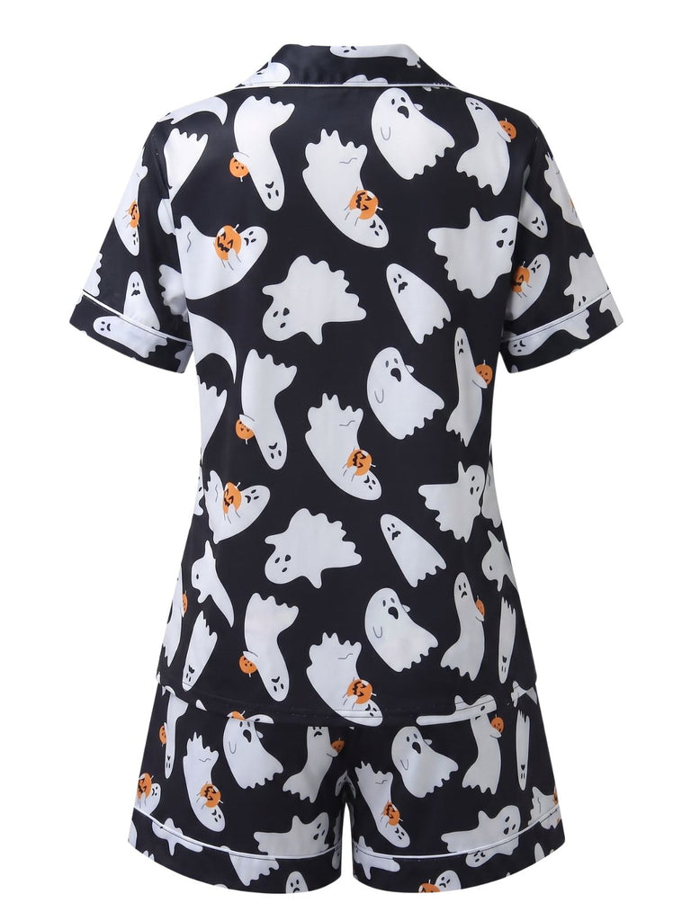 Black 1950s Halloween Ghost Print Shirt Shorts Pajamas, vintage fashion, retro style, rockabilly, pin-up fashion - vintage inspired fashion