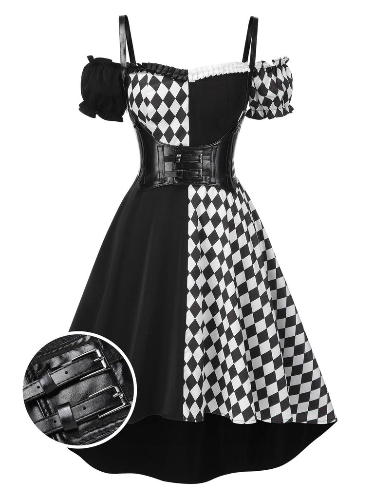 Black 1950s Halloween Harlequin Pattern Dress & Leather Corset, vintage dress, retro fashion, rockabilly, pin-up fashion - perfect for women who love vintage and retro fashion