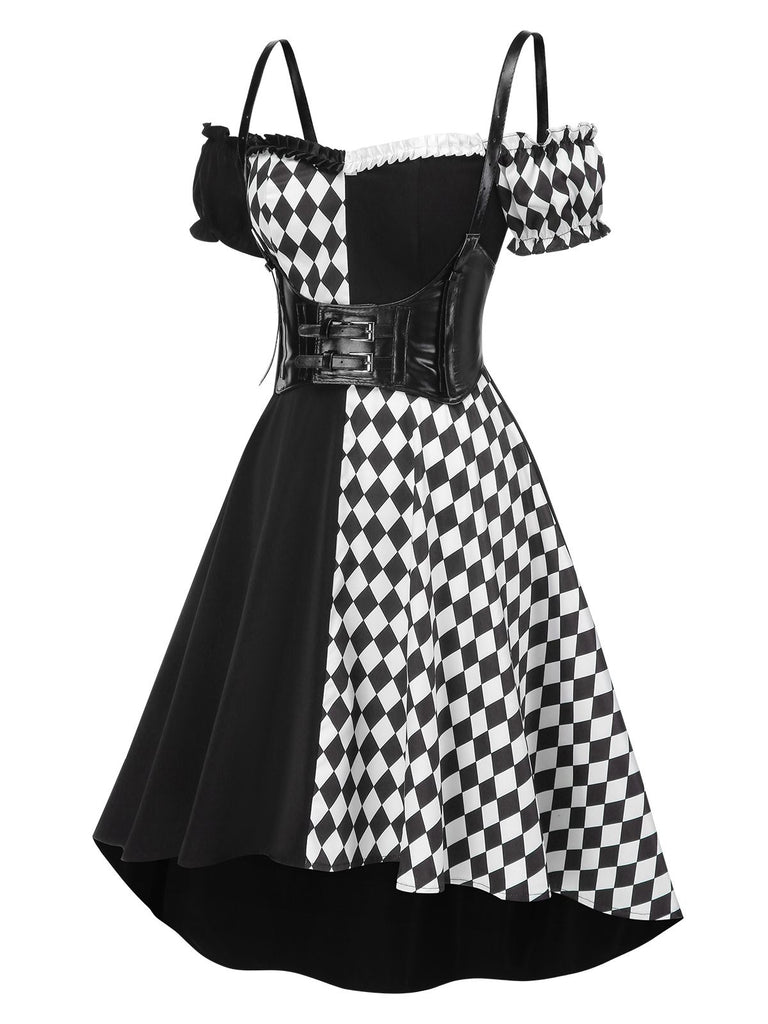 Black 1950s Halloween Harlequin Pattern Dress & Leather Corset, vintage dress, retro fashion, rockabilly, pin-up fashion - perfect for women who love vintage and retro fashion