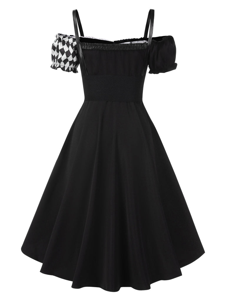 Black 1950s Halloween Harlequin Pattern Dress & Leather Corset, vintage dress, retro fashion, rockabilly, pin-up fashion - perfect for women who love vintage and retro fashion