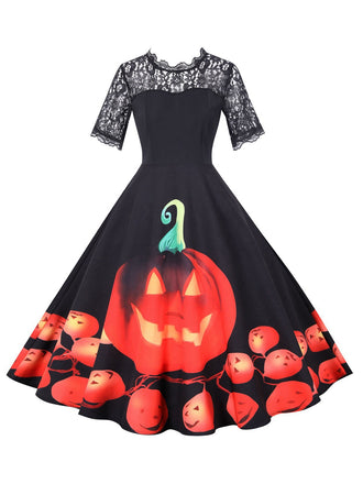 Black 1950s Halloween Lace Sleeves Patchwork Dress, vintage dress, retro fashion, rockabilly, pin-up fashion - perfect for women who love vintage and retro fashion