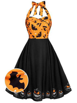 Black 1950s Halloween Pumpkin Bat Halter Dress, vintage dress, retro fashion, rockabilly, pin-up fashion - perfect for women who love vintage and retro fashion