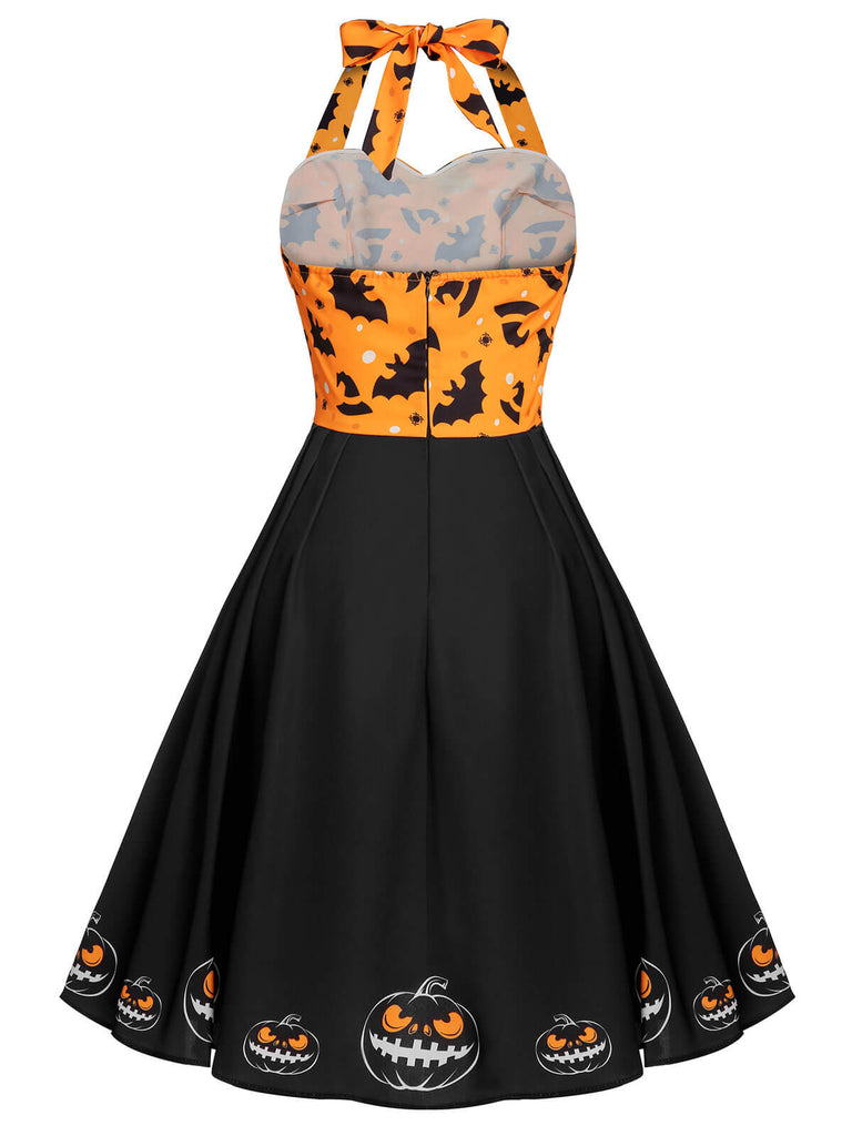 Black 1950s Halloween Pumpkin Bat Halter Dress, vintage dress, retro fashion, rockabilly, pin-up fashion - perfect for women who love vintage and retro fashion