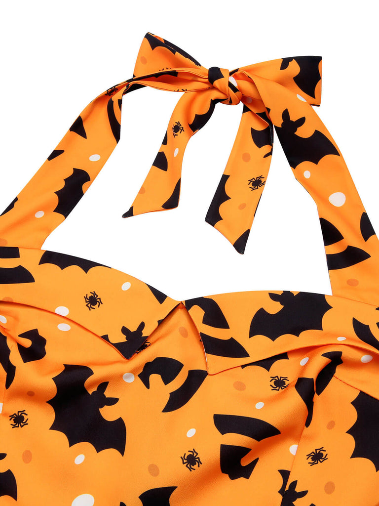 Black 1950s Halloween Pumpkin Bat Halter Dress, vintage dress, retro fashion, rockabilly, pin-up fashion - perfect for women who love vintage and retro fashion