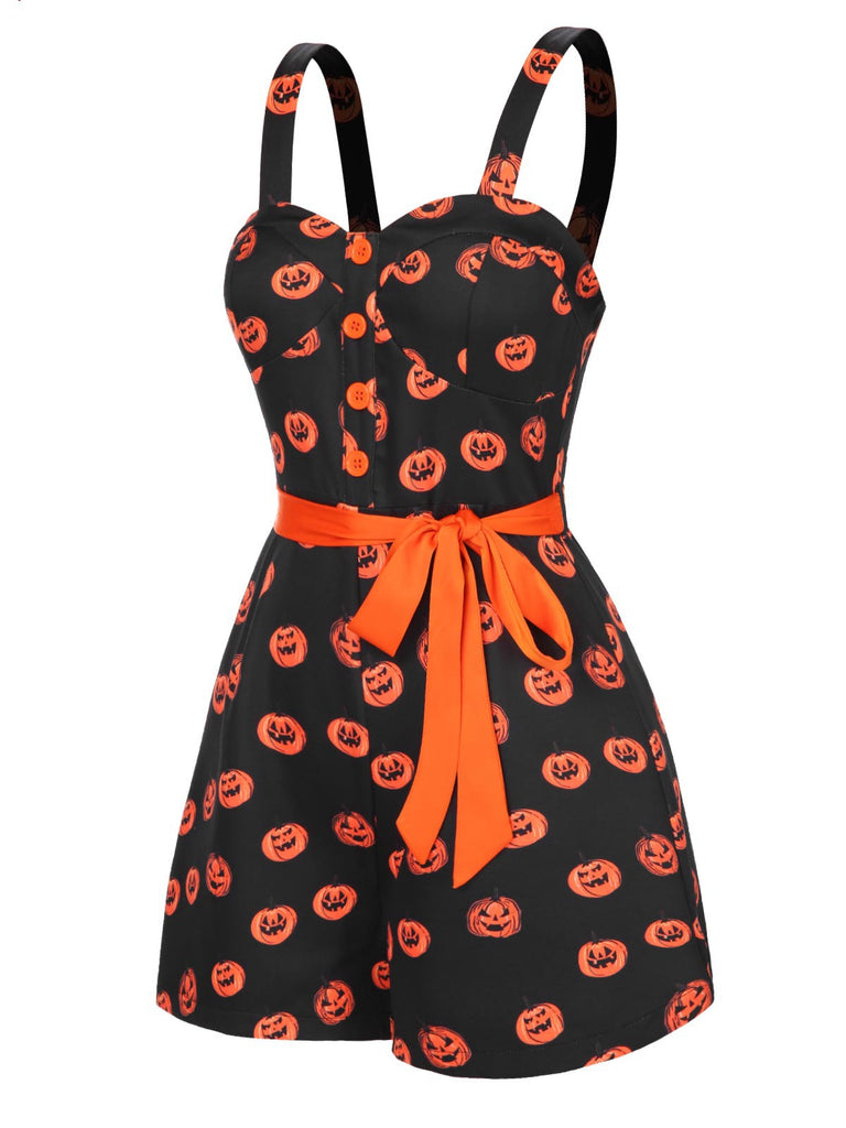 This Black 1950s Halloween Pumpkin Face Romper whispers 1950s secrets to those who notice