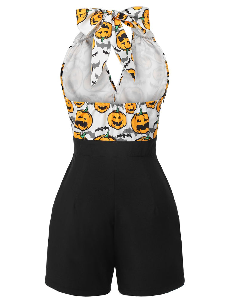 Black 1950s Halloween Pumpkin Halter Romper, vintage romper, retro jumpsuit - perfect for women who love vintage and retro fashion