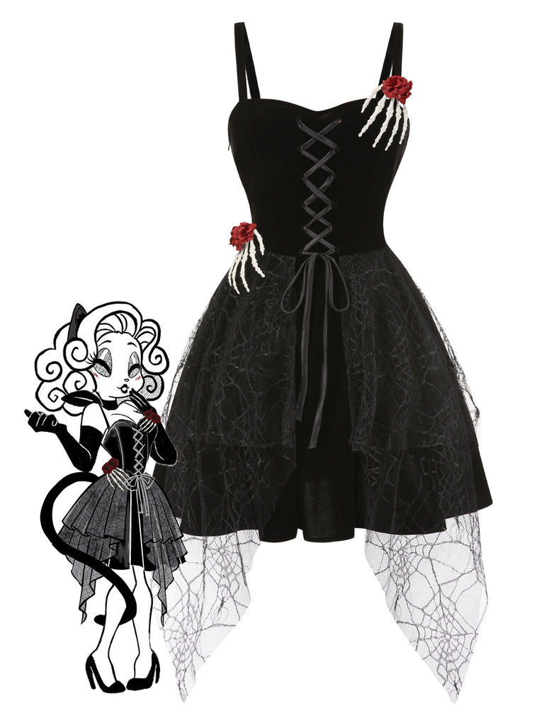 Black 1950s Halloween Skeleton Hand Spiderweb Rose Dress, vintage dress, retro fashion, rockabilly, pin-up fashion - perfect for women who love vintage and retro fashion