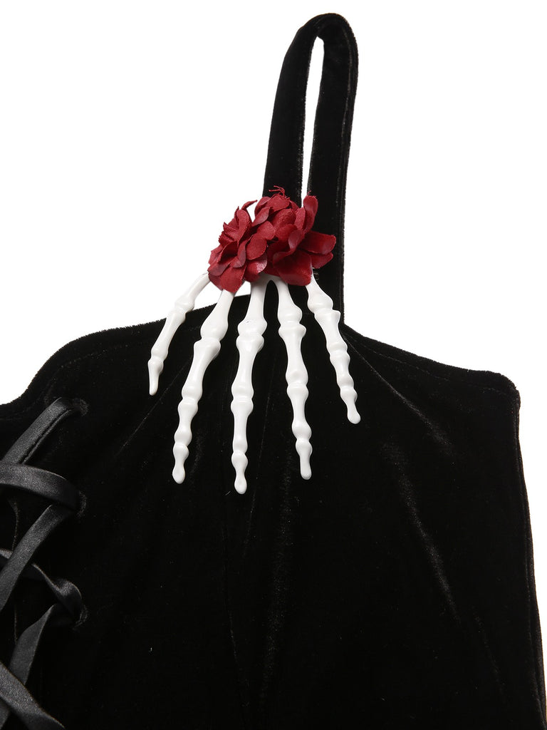 Black 1950s Halloween Skeleton Hand Spiderweb Rose Dress, vintage dress, retro fashion, rockabilly, pin-up fashion - perfect for women who love vintage and retro fashion