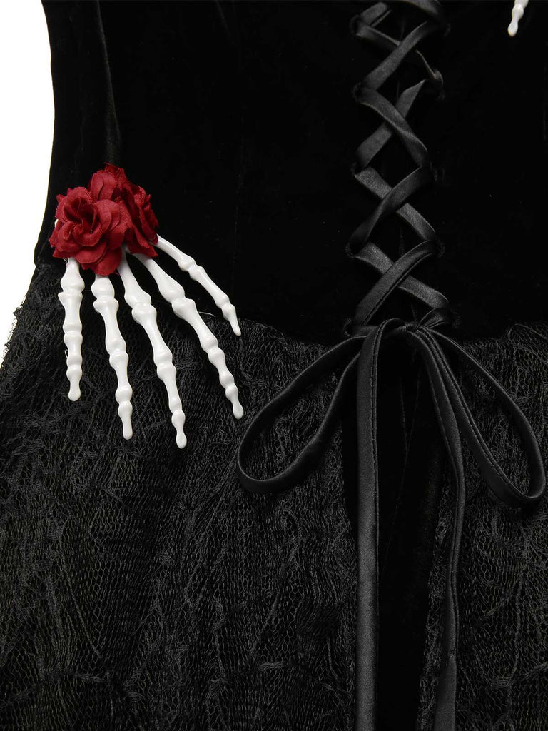 Black 1950s Halloween Skeleton Hand Spiderweb Rose Dress, vintage dress, retro fashion, rockabilly, pin-up fashion - perfect for women who love vintage and retro fashion