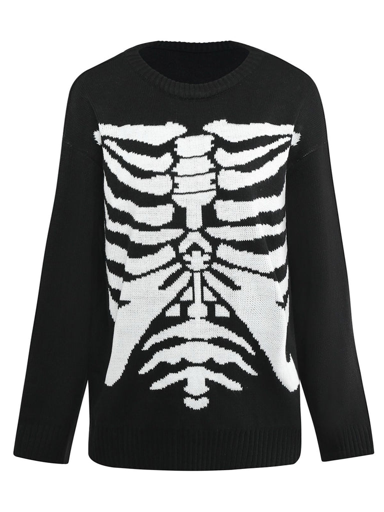 Black 1950s Halloween Skeleton Print Knit Sweater - vintage fashion, retro style, classic black