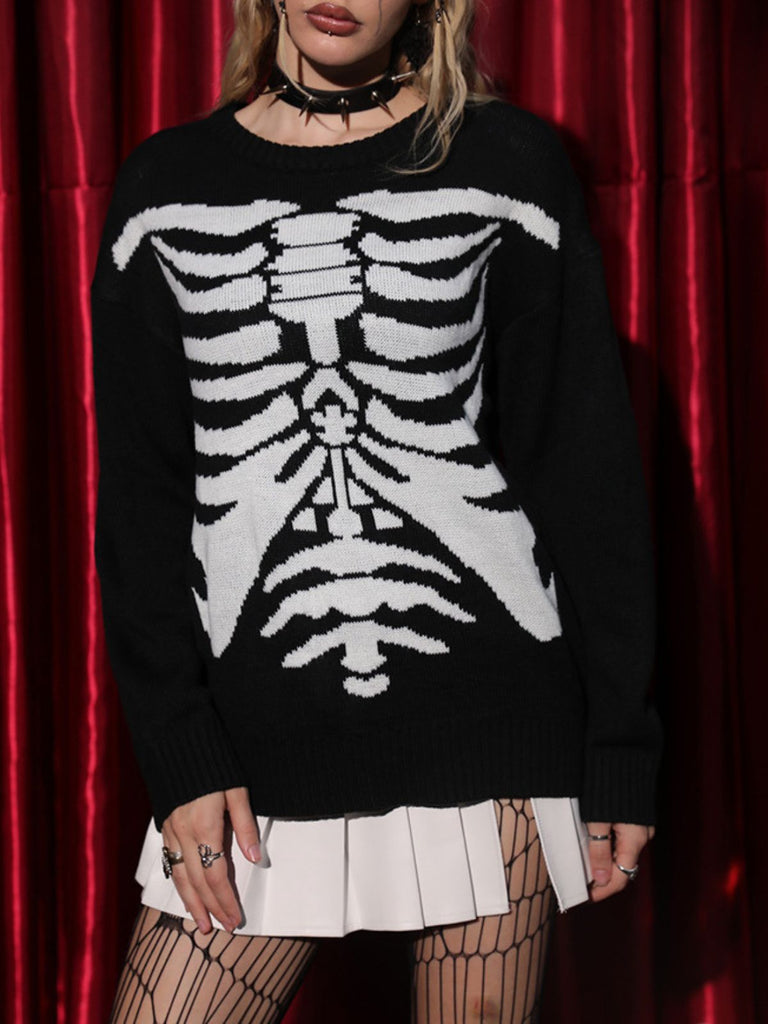 Black 1950s Halloween Skeleton Print Knit Sweater - vintage fashion, retro style, classic black