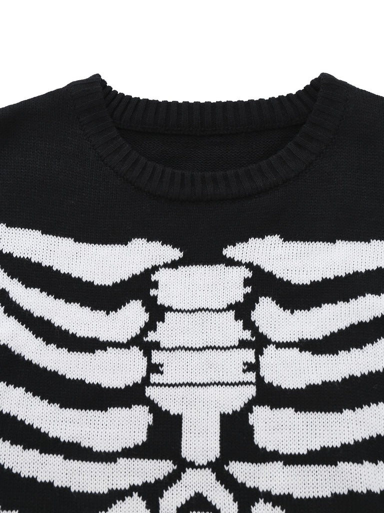 Black 1950s Halloween Skeleton Print Knit Sweater - vintage fashion, retro style, classic black