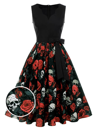 Black 1950s Halloween Skull Rose Sleeveless Dress, vintage dress, retro fashion, rockabilly, pin-up fashion - perfect for women who love vintage and retro fashion