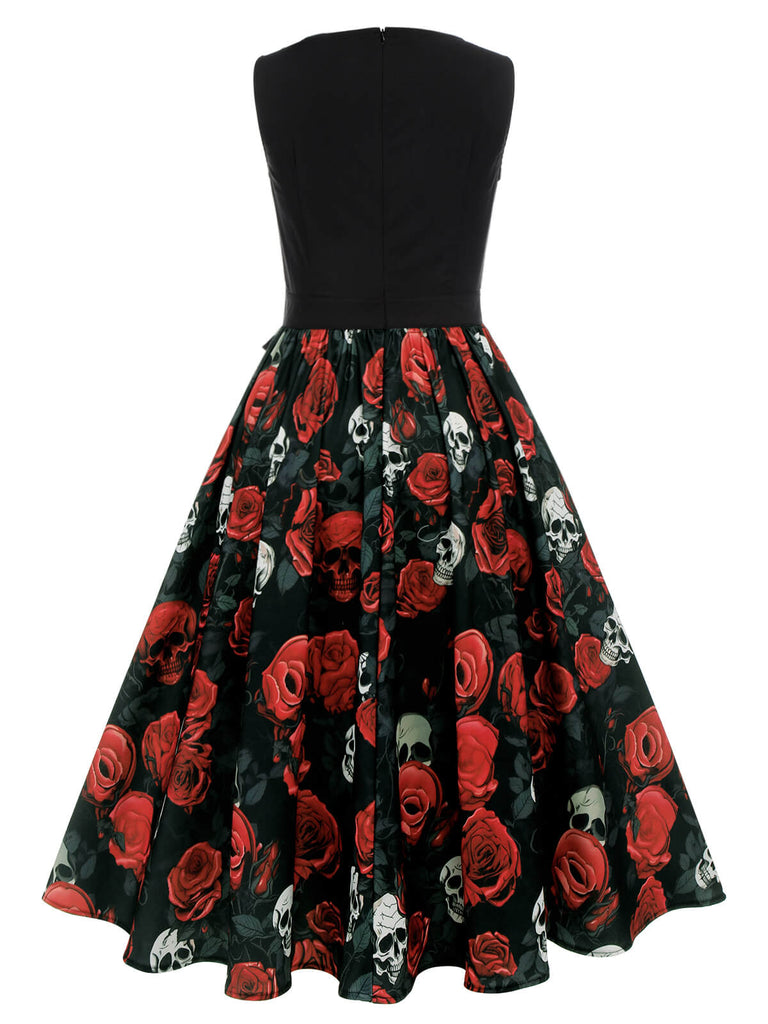 Black 1950s Halloween Skull Rose Sleeveless Dress, vintage dress, retro fashion, rockabilly, pin-up fashion - perfect for women who love vintage and retro fashion