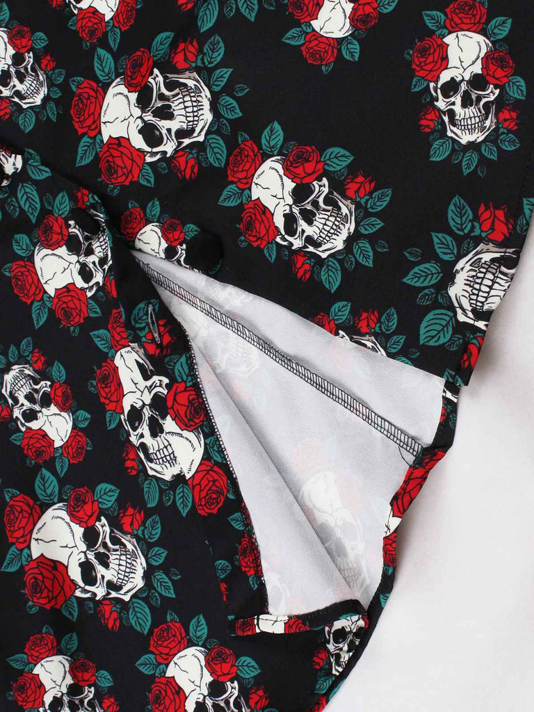 Black 1950s Halloween Skull Roses Halter Dress - vintage dress, retro fashion, rockabilly