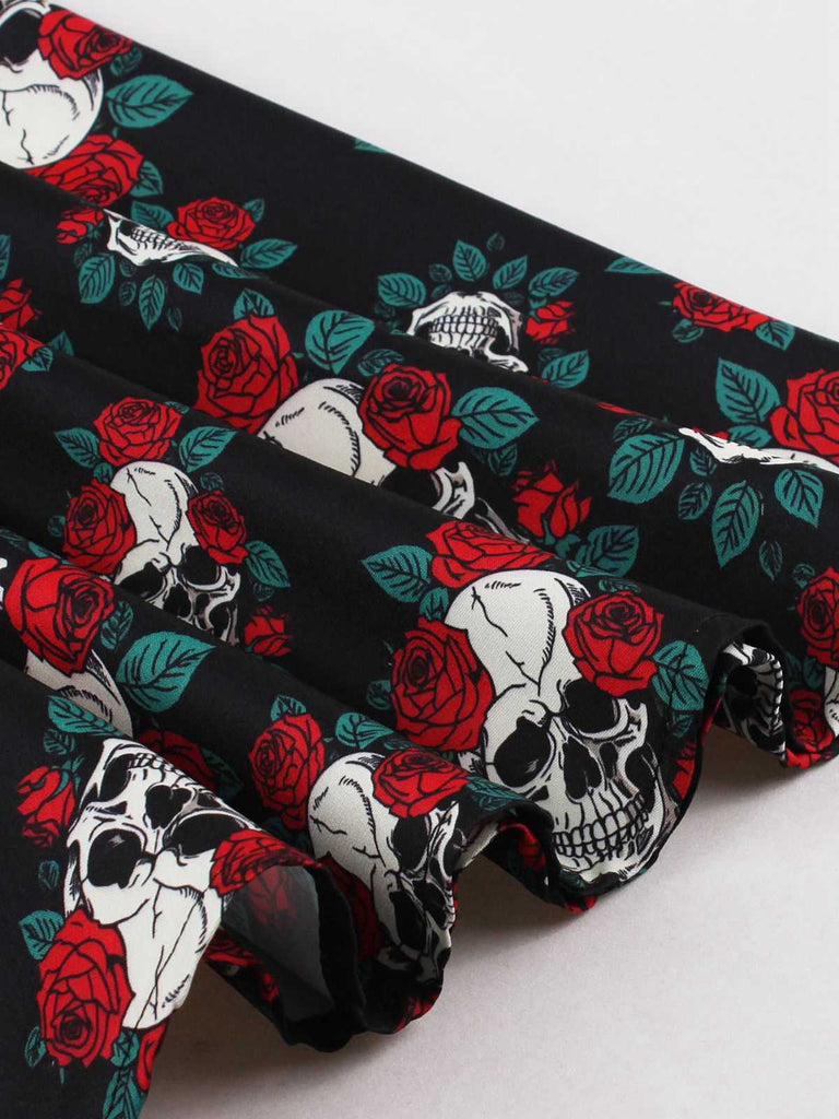 Black 1950s Halloween Skull Roses Halter Dress - vintage dress, retro fashion, rockabilly