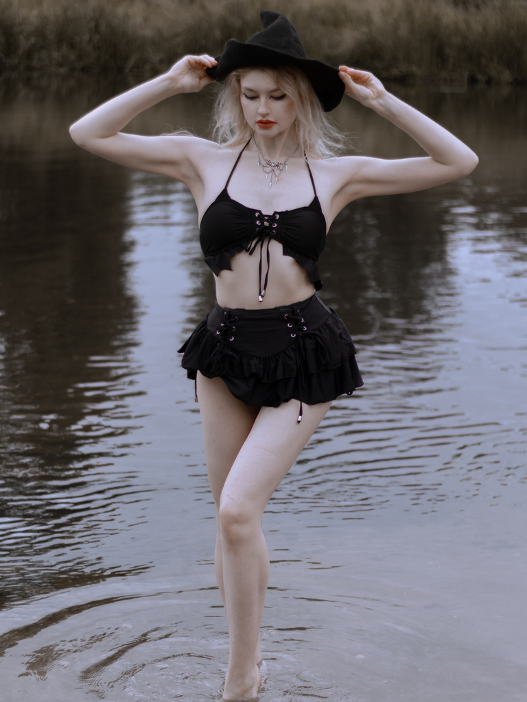 Black 1950s Halter Lace Up Bikini Set & Tiered Cover Up, vintage swimsuit, pin-up swimwear, rockabilly, pin-up fashion - vintage inspired fashion
