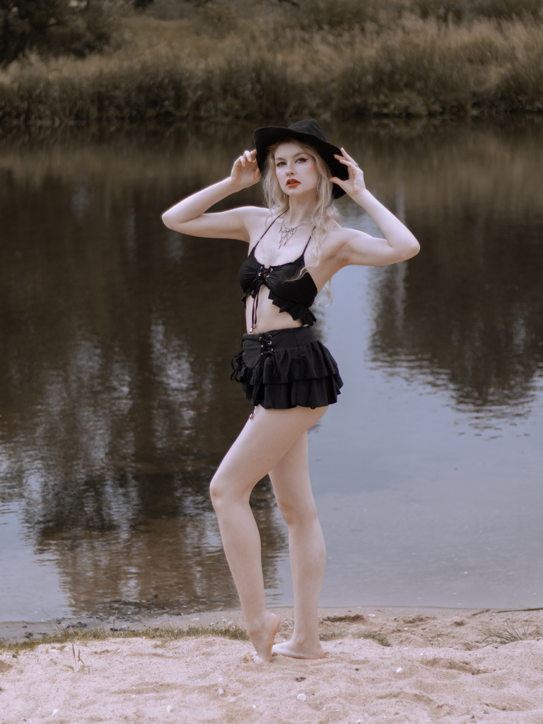 Black 1950s Halter Lace Up Bikini Set & Tiered Cover Up, vintage swimsuit, pin-up swimwear, rockabilly, pin-up fashion - vintage inspired fashion