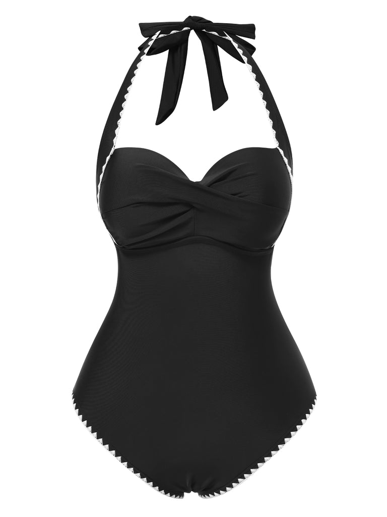 Black 1950s Halter Scallop-Trim One-Piece Swimsuit, vintage swimsuit, pin-up swimwear - perfect for women who love vintage and retro fashion