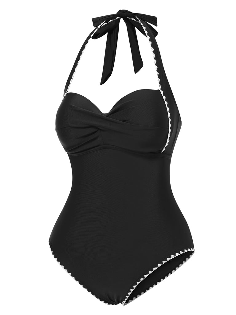 Black 1950s Halter Scallop-Trim One-Piece Swimsuit, vintage swimsuit, pin-up swimwear - perfect for women who love vintage and retro fashion