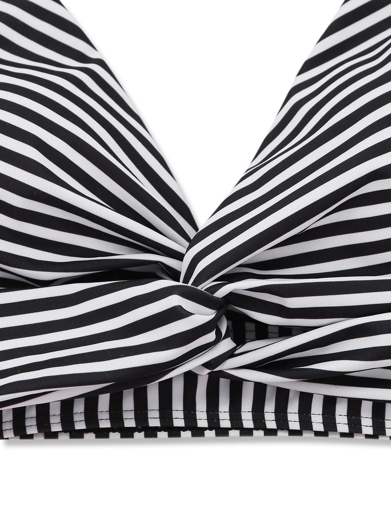 Black 1950s Halter Stripe Knotted Tankini Set - vintage fashion, retro style, classic black