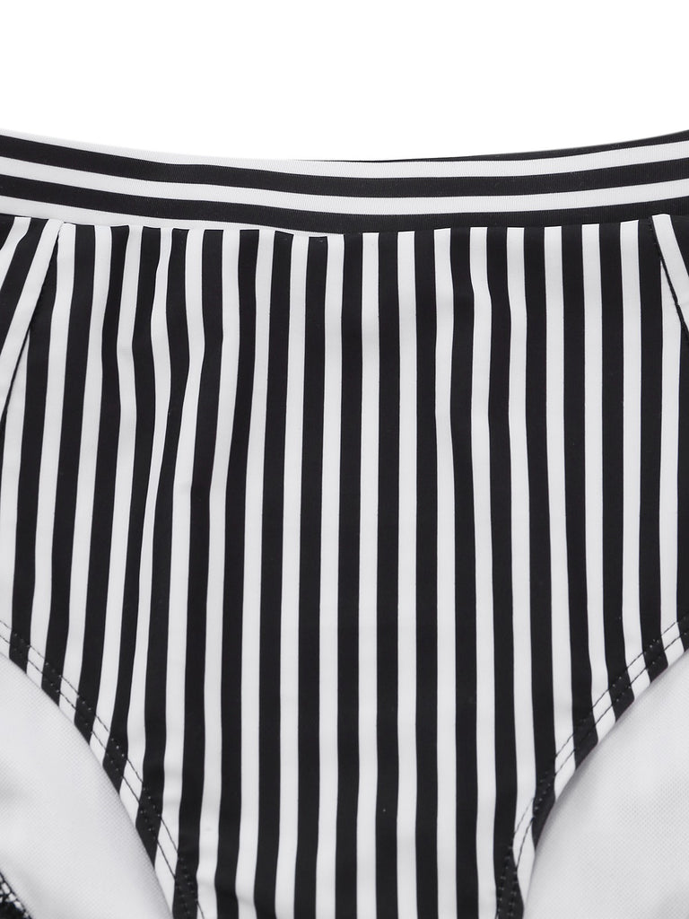 Black 1950s Halter Stripe Knotted Tankini Set - vintage fashion, retro style, classic black