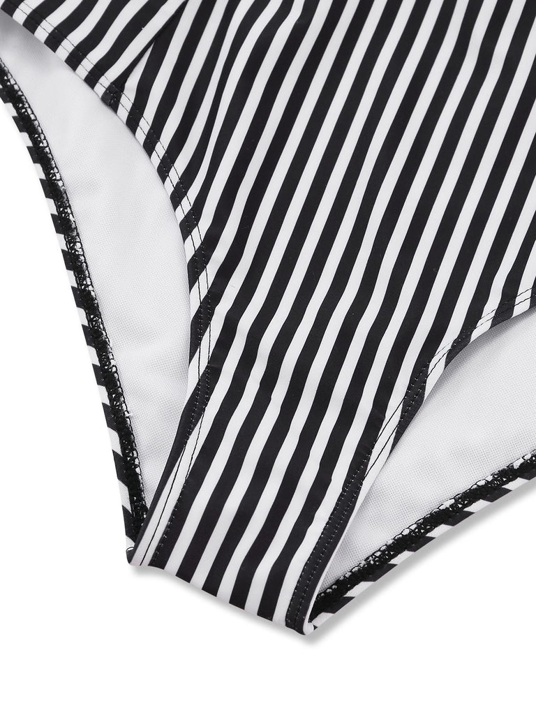Black 1950s Halter Stripe Knotted Tankini Set - vintage fashion, retro style, classic black