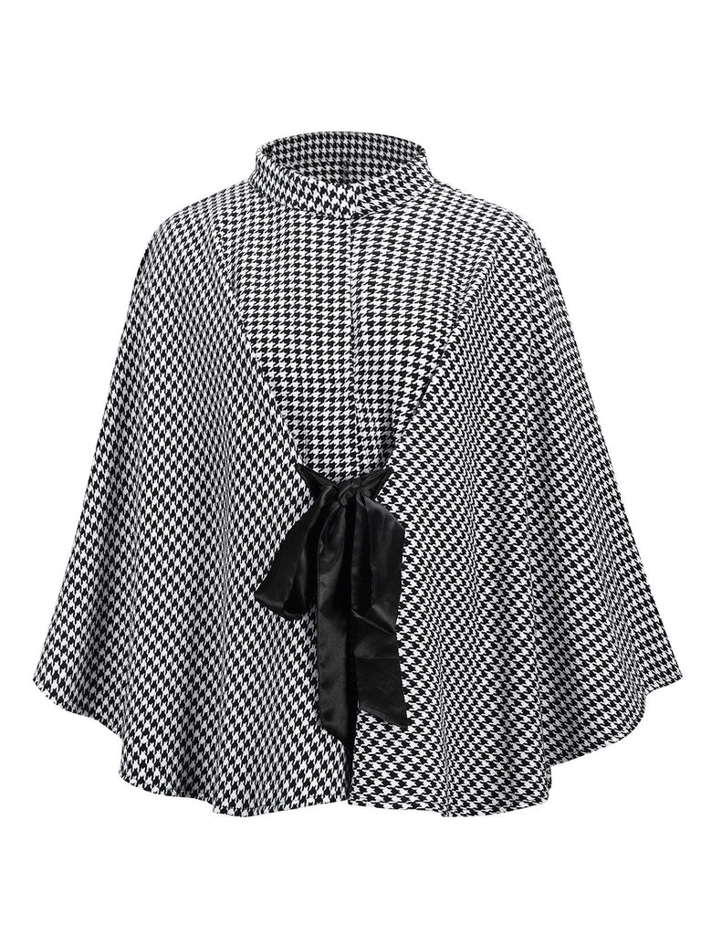Black 1950s Houndstooth Lace-Up Cloak Coat - vintage fashion, retro style, classic black