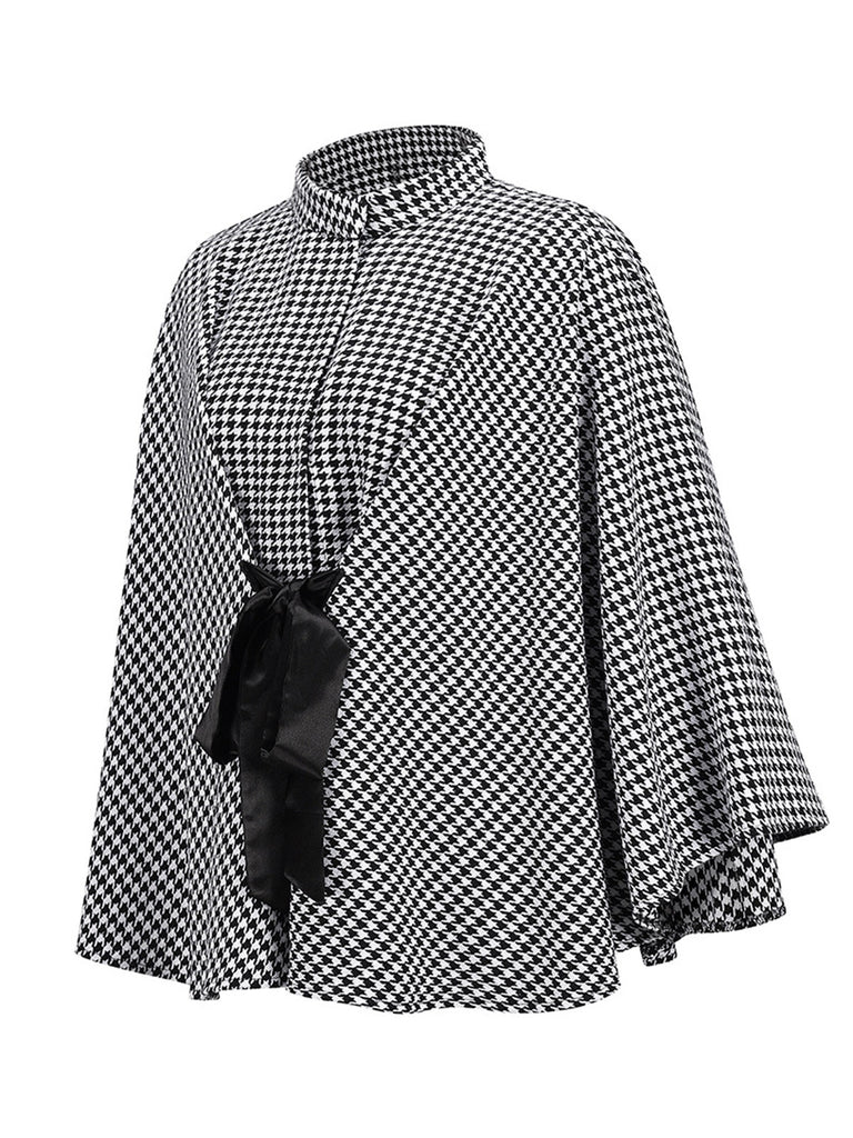Black 1950s Houndstooth Lace-Up Cloak Coat - vintage fashion, retro style, classic black