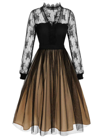 [US Warehouse] Black 1950s Lace Patchwork Mesh Dress, vintage dress, retro fashion, rockabilly, pin-up fashion - perfect for women who love vintage and retro fashion