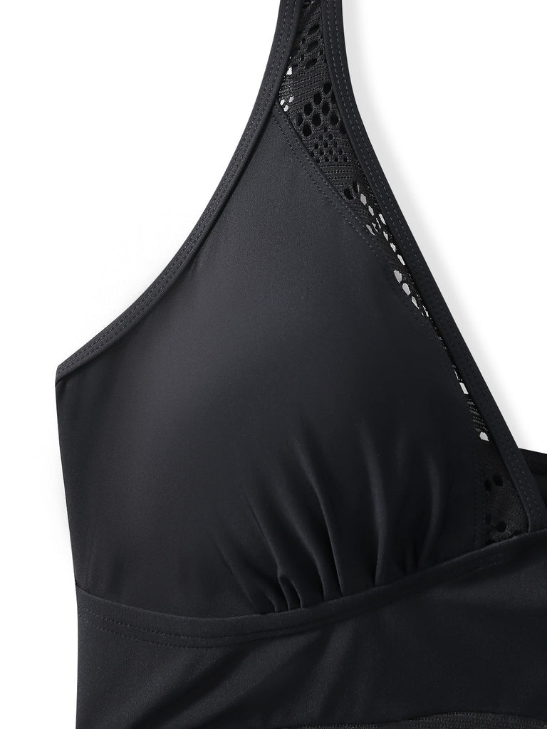 Black 1950s Lace V-Neck Ruched One-Piece Swimsuit: beautiful vintage swimwear, retro swimsuit, pin-up style with timeless appeal