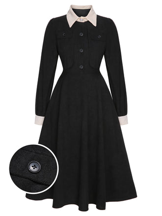 She slips into this Black 1950s Lapel Patchwork Button Dress and suddenly it's a 1950s daydream