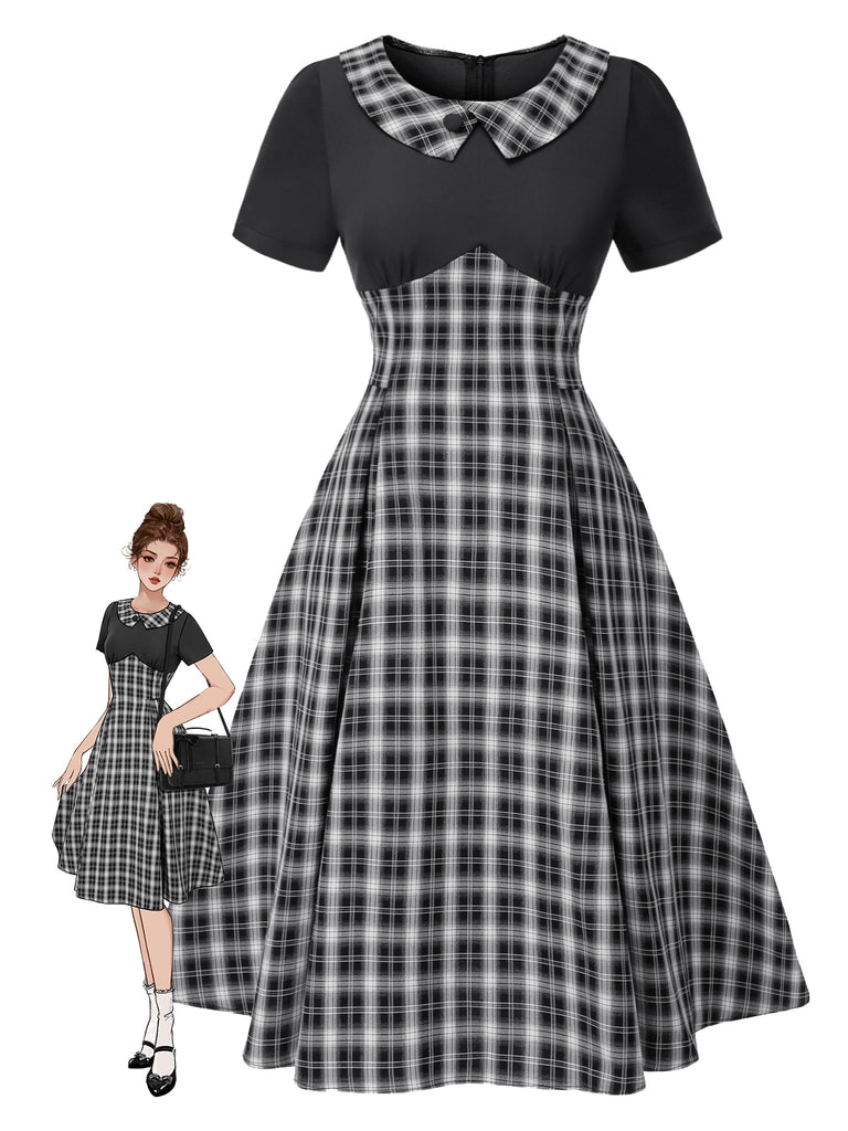 Black 1950s Lapel Pleated Plaid Patchwork Dress - vintage dress, retro fashion, rockabilly