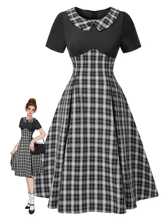 Black 1950s Lapel Pleated Plaid Patchwork Dress - vintage dress, retro fashion, rockabilly