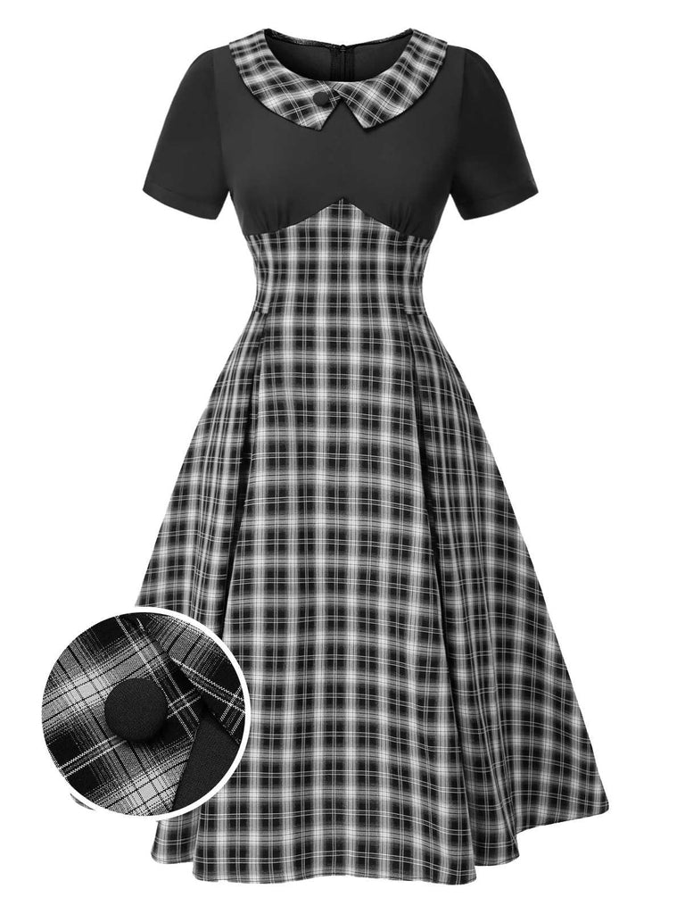 Black 1950s Lapel Pleated Plaid Patchwork Dress, vintage dress, retro fashion, rockabilly, pin-up fashion - perfect for women who love vintage and retro fashion