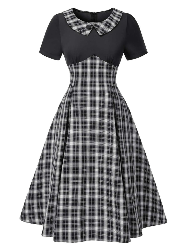 Black 1950s Lapel Pleated Plaid Patchwork Dress, vintage dress, retro fashion, rockabilly, pin-up fashion - perfect for women who love vintage and retro fashion