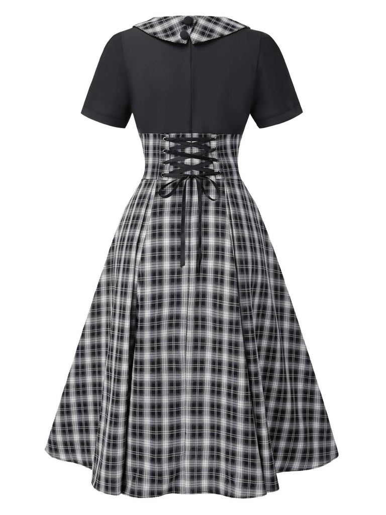 Black 1950s Lapel Pleated Plaid Patchwork Dress, vintage dress, retro fashion, rockabilly, pin-up fashion - perfect for women who love vintage and retro fashion