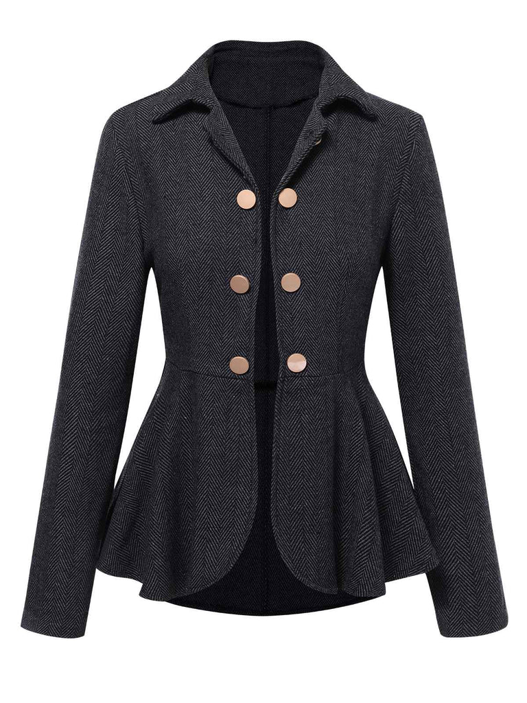 She throws on this Black 1950s Lapel Ruffles Double Breasted Jacket and the city feels like 1950s Paris