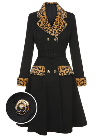 Black 1950s Leopard Lapel Pocket Coat, vintage coat, retro outerwear - perfect for women who love vintage and retro fashion