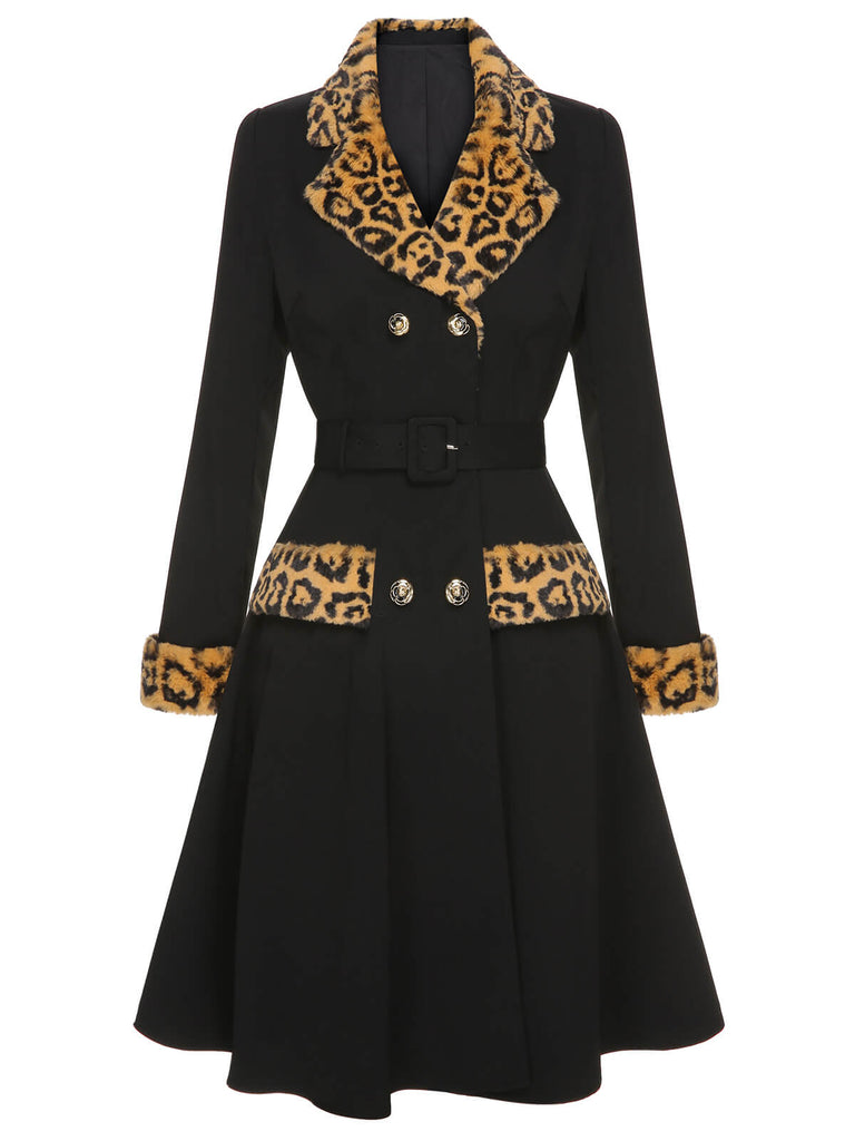 Black 1950s Leopard Lapel Pocket Coat, vintage coat, retro outerwear - perfect for women who love vintage and retro fashion