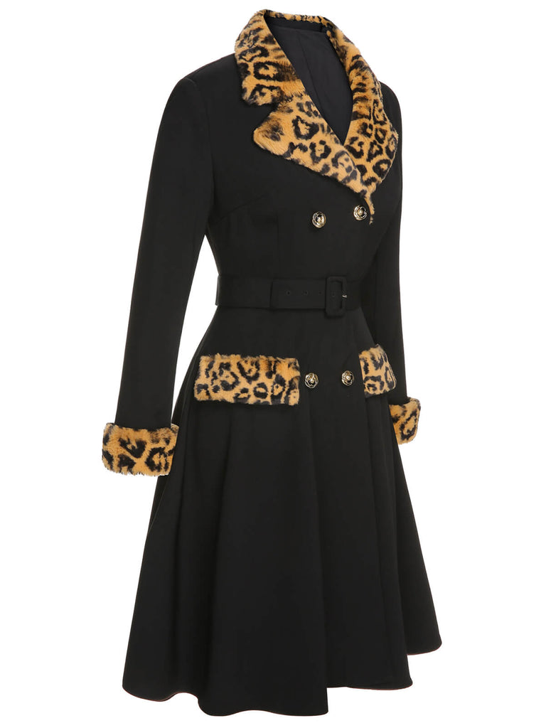 Black 1950s Leopard Lapel Pocket Coat, vintage coat, retro outerwear - perfect for women who love vintage and retro fashion