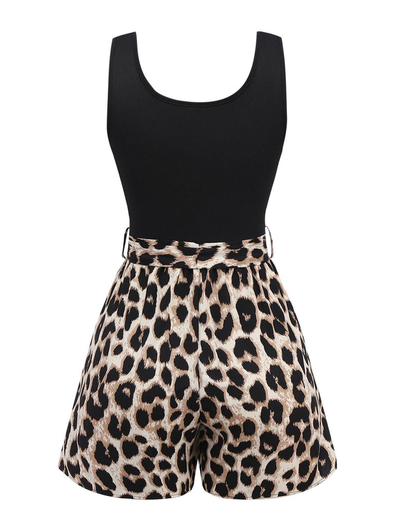 Black 1950s Leopard Square Neck Romper: beautiful vintage romper, retro jumpsuit, playful style with timeless appeal
