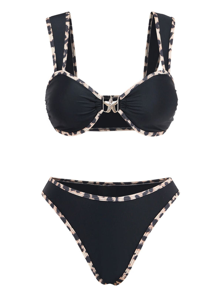 Black 1950s Leopard Trim Metal Starfish Bikini Set - vintage swimsuit, pin-up swimwear for vintage lovers