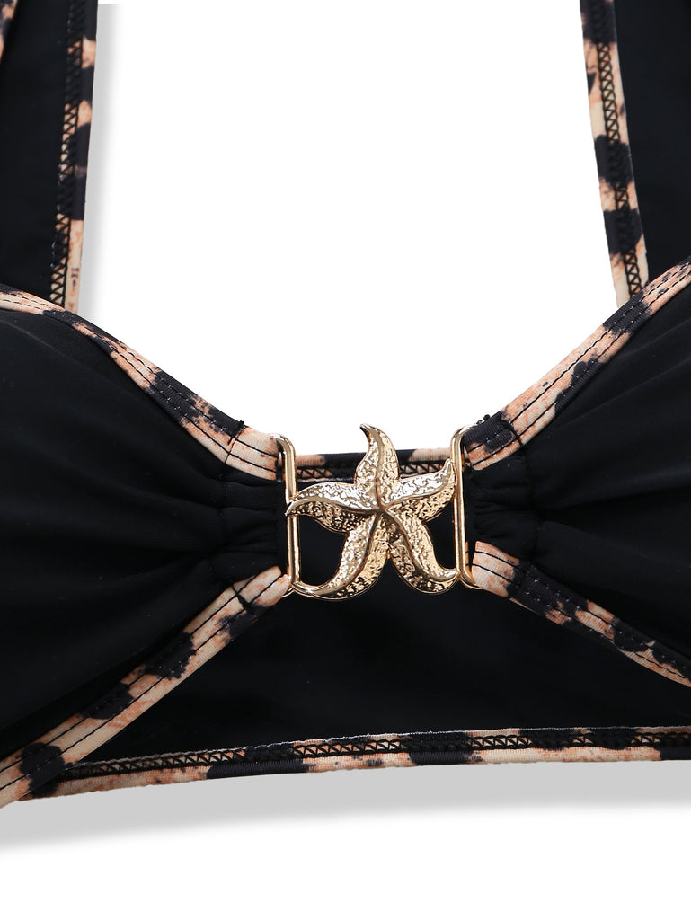Black 1950s Leopard Trim Metal Starfish Bikini Set - vintage swimsuit, pin-up swimwear for vintage lovers