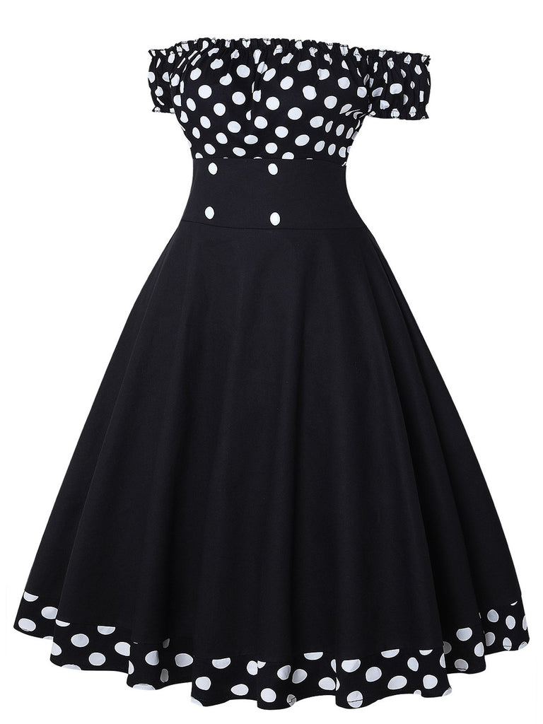 Black 1950s Off Shoulder Polka Dots Dress: where 1950s romance meets her modern spirit