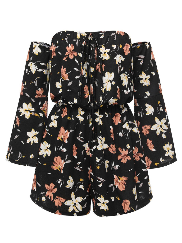Black 1950s Off-Shoulder Floral Romper, vintage romper, retro jumpsuit - perfect for women who love vintage and retro fashion