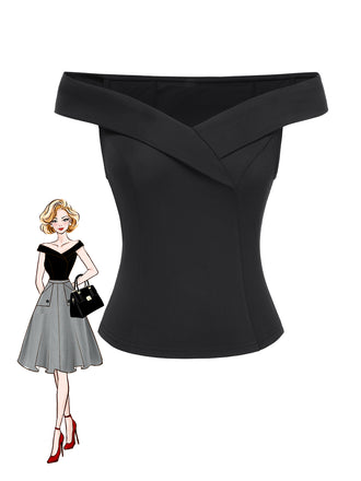 Black 1950s Off-Shoulder Solid Top - vintage fashion, retro style, classic black